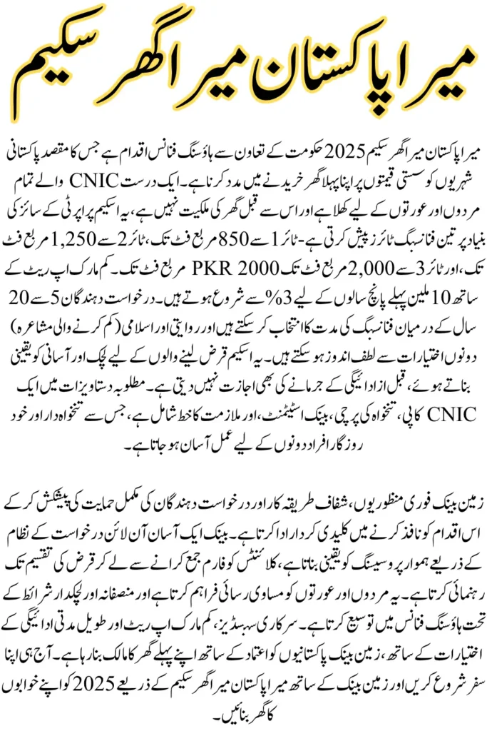 Mera Pakistan Mera Ghar Scheme 2025, Apply Online via Zameen Bank Today
