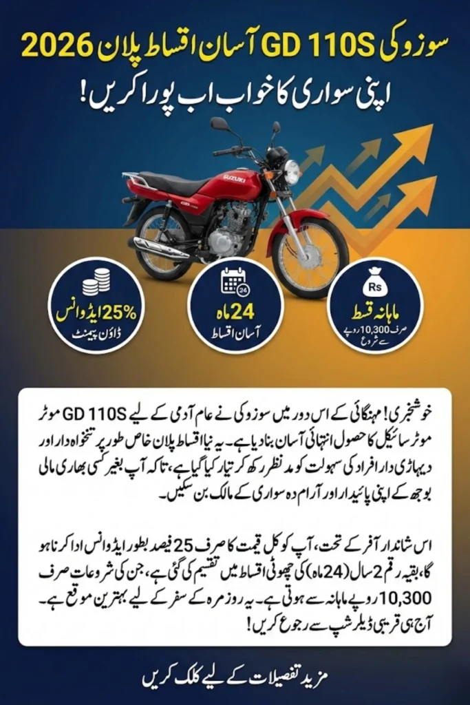 Suzuki GD 110S Installment Plan 2026 – 25% Down Payment and Rs. 10,300 Monthly Payment Details in Pakistan